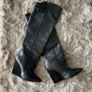Zara Black Leather Pointed Toe Block-Heel Boots knee high boots 36